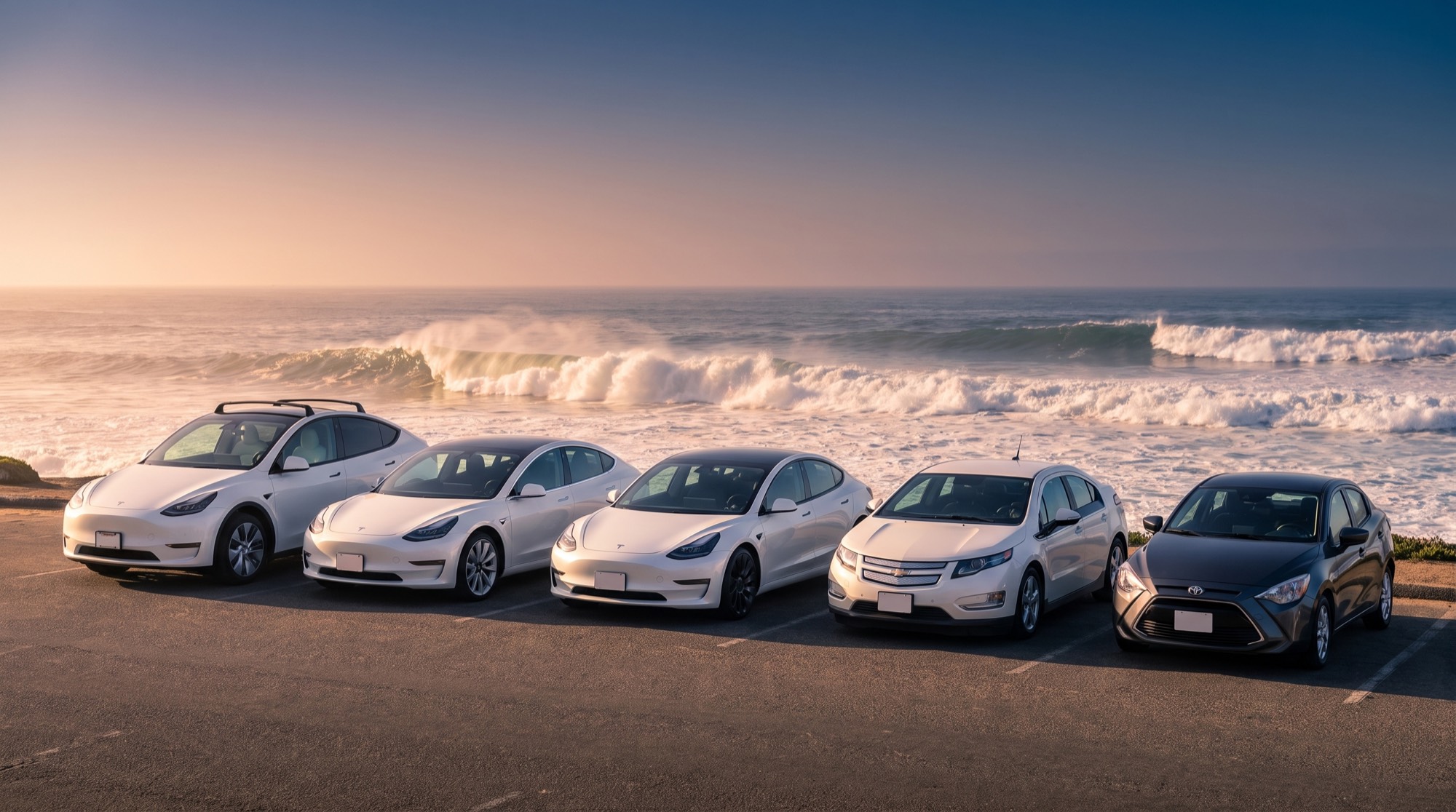 The five Vantage Rentals cars lined up on a coastal overlook with Pacific waves breaking behind them